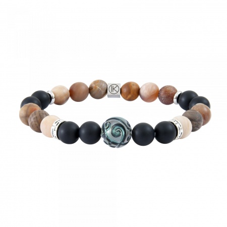 Bracelet bois fossilis, agate noire 8mm et perle de Tahiti grave