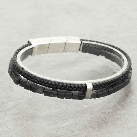 Bracelet Homme Cuir et Pierres Onyx noir matte