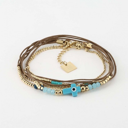 BRACELET MULTI ACIER DORE Turquoise 2 tours reglable