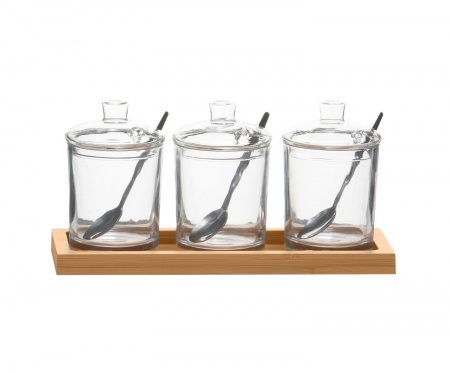 SET DE 3 SUCRIERS / CONFITURIERS DE TABLE en verre avec plateau en bois